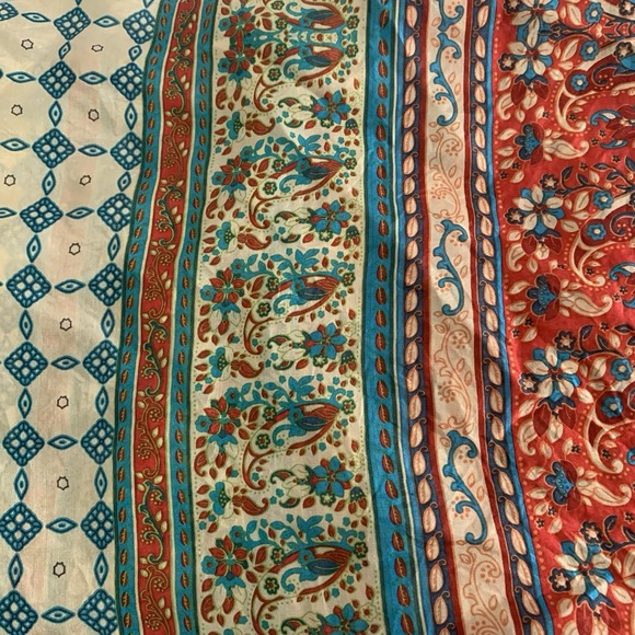 100% Silk Scarf Shawl Tassels Red Teal Ivory Floral Boho Global Artisan Wrap - Picture 8 of 14